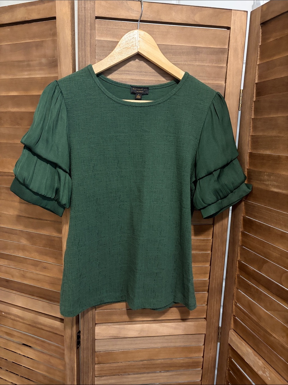 Anthropologie Forest Green Tiered Puff Sleeve Blouse